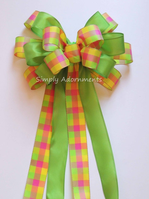 Pink Lime yellow Summer Plaid Bow, Yellow Lime Accent plaid Bows, Plaid Wreath Bows, Handmade accent wreath Bow, Plaid lantern swag bow