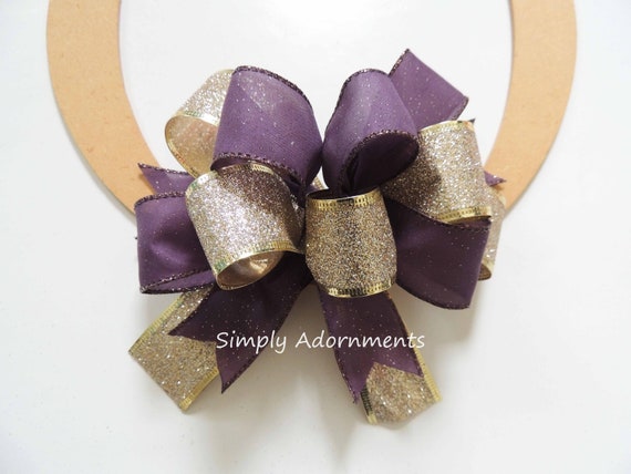 Purple Gold Christmas Bow, Sparkle Gold Eggplant Bow, Purple Gold Wreath bow, Gold Eggplant Wedding, Porch sign Bow, Door Bow, Wreath bow