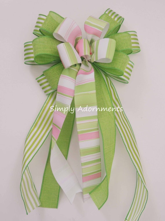 Spring Green Wreath Bow, Green Stripes Easter Wreath Bow, Lime Green Wedding Pew Bow, Spring Green stripes Bow, handmade gift Bow, Sign bow