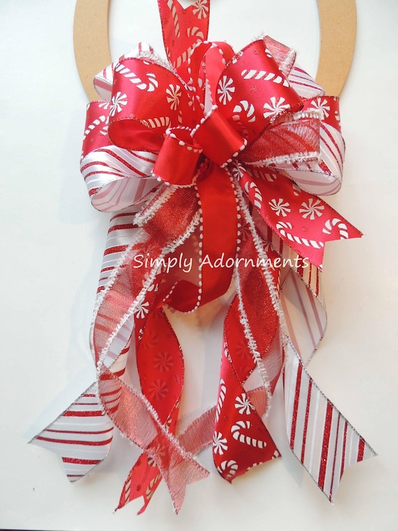 Red White stripes Christmas Bow, Candy Cane Tree Topper, Wreath Bow, Xmas Decoration, Peppermint Lantern Bow