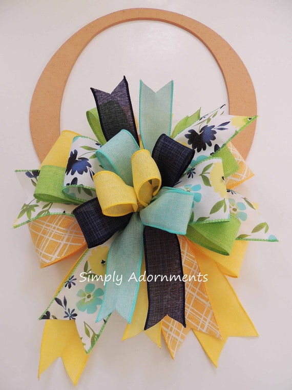 Yellow Blue Spring Flowers bow, Spring Flowers Door Bow, Easter Yellow Blue Flowers Lantern Bow, Flowers Wreath Bow, Spring Shower Decor