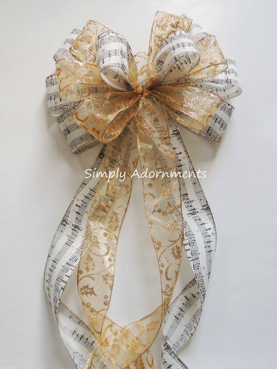 XXlarge Ivory Gold Christmas Bow, Music Sheet Topper Tree Bow, Ivory gold Christmas Wreath Bow, Gold Holly Berries Christmas Bow, Wreath Bow