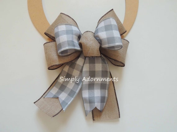 Grey buffalo check Burlap bow, Farmhouse grey check Bow, farmhouse Bow, Sign door bow, Door hanger bow, Grey Check Lantern Bow, Gift Bow