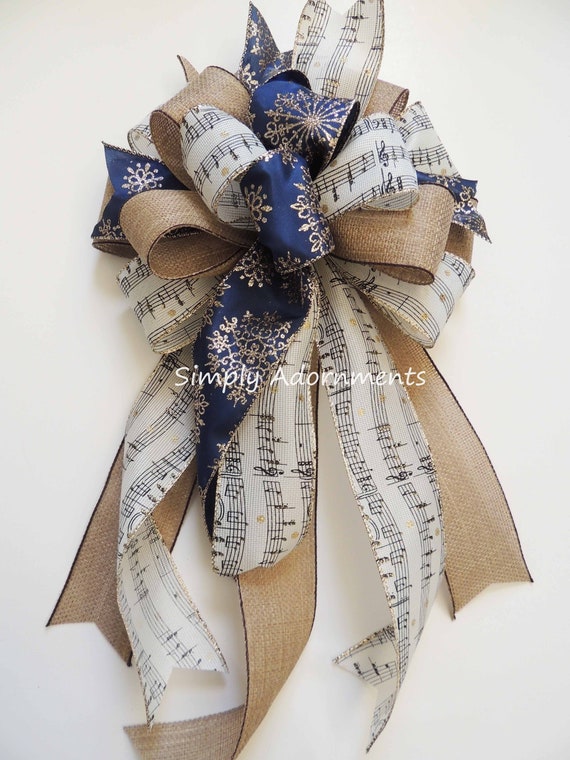 Navy burlap Music Christmas Tree Topper Bow, Farmhouse Christmas Bow, Navy Tan Ivory Christmas Wreath Bow, Farmhouse Bow Navy Music gift bow