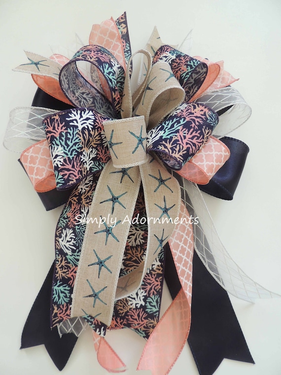 Coral Navy bow, Nautical Navy coral Wreath bow, Summer Beach Bow, Navy coral CoastalLantern bow, Nautical themed bow Coastal tree topper Bow