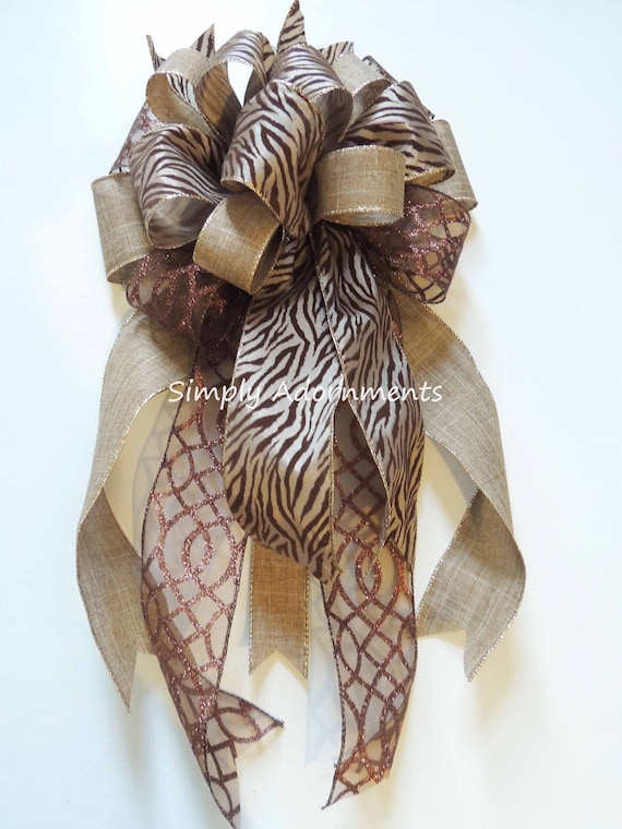 Zebra Bow, Brown tan Animal tree bow, Zebra Print Lantern Bow, Safari Sign Bow, Safari Christmas Door bow, Animal Wreath Bow, Zebra door bow