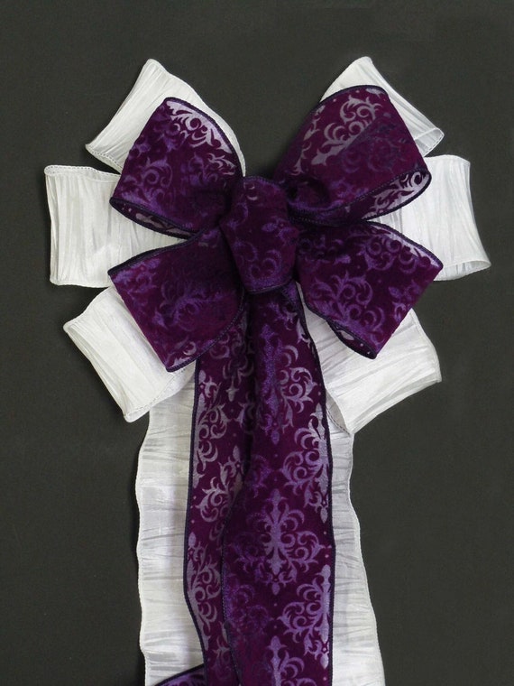 Purple Damask Wedding Pew Bow, Eggplant purple White Bow, White Purple Church Aisle Bow, Wedding Chair Bow, Bow for Decoration, Gift Bow