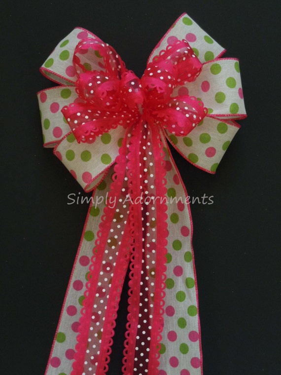 Pink Lime Polka Dots Bow, Pink Lime Spring Dots Wreath Bows, Polka Dots Birthday Party Decor, Pink Green Baby Shower bow, Handmade Gift Bow