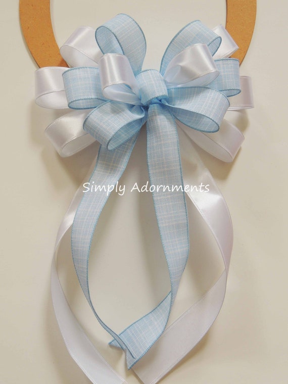 Blue White Wreath Bow, Blue Baby shower Bow, Blue Birthday Sign bow, Blue white baby Boy Bow, Lantern Bow, Basket gift bow, Front porch bow