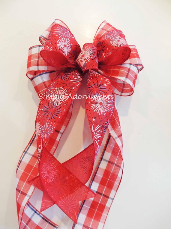 Fireworks bow, Red blue Plaid Fireworks Bow, July 4th Fireworks bow, Patriotic Wreath Bow, Patriotic Door Hanger Bow, Patriotic lantern bow