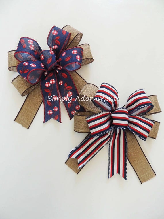 Farmhouse Navy Buffalo Check Gift Bow,  Burlap Navy check door bow, Rustic Navy White Check farmhouse Bow, Rustic patriotic Navy basket bow