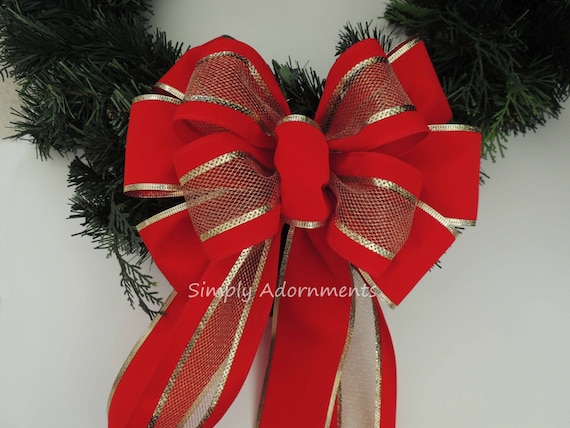 Red Gold Christmas Bow, Red Velvet Christmas Wreath Bow, Red Gold Christmas Tree Bow, Door Bow, Christmas Swag Bow, Christmas Gift Bow