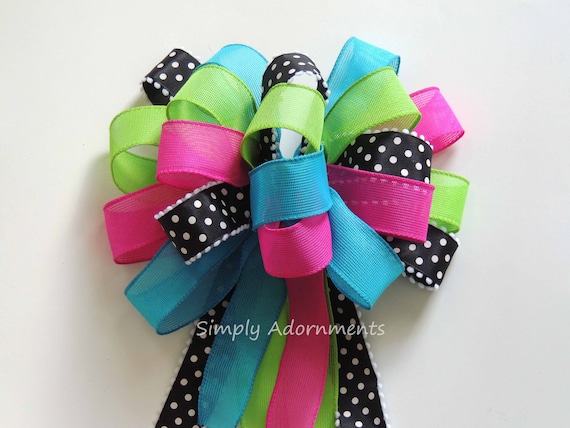 Pink Blue Green bow, Wreath Bow, Pink Turquoise Lime black bow, Birthday Party bow, Door bow, sign bow, Baby Shower Gift Bow, lantern bow