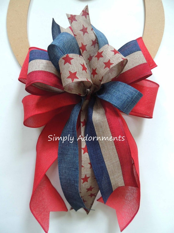 Vintage Stars and stripes bow,  Patriotic farmhouse wreath bows, Patriotic Farmhouse sign Door Bow Farmhouse July 4th bow, Wreath attachment