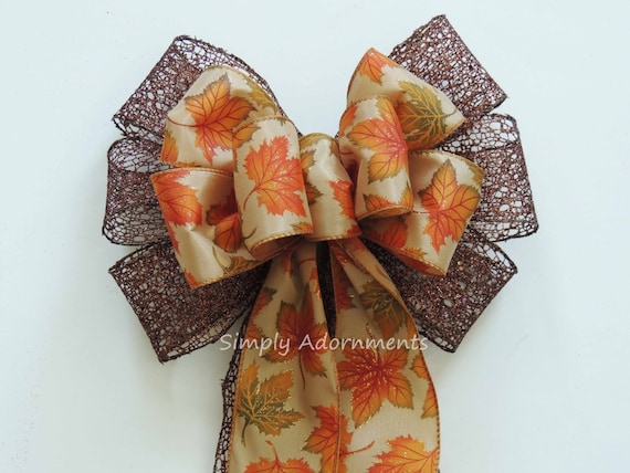 Autumn Leaves Bow, Thanksgiving Wreath Bow, Rustic Fall Leaves pew Bow, Fall Autumn Leaves Door bow, Fall Leave Wreath Bow, Autumn door bow