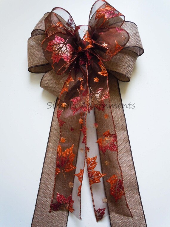 Brown bronze Fall bow, Fall Leaves bow, Rustic Burlap Fall Leaves Bow, Fall Wedding Chair Bow, Thanksgiving Wreath Bow, Fall Lantern bow