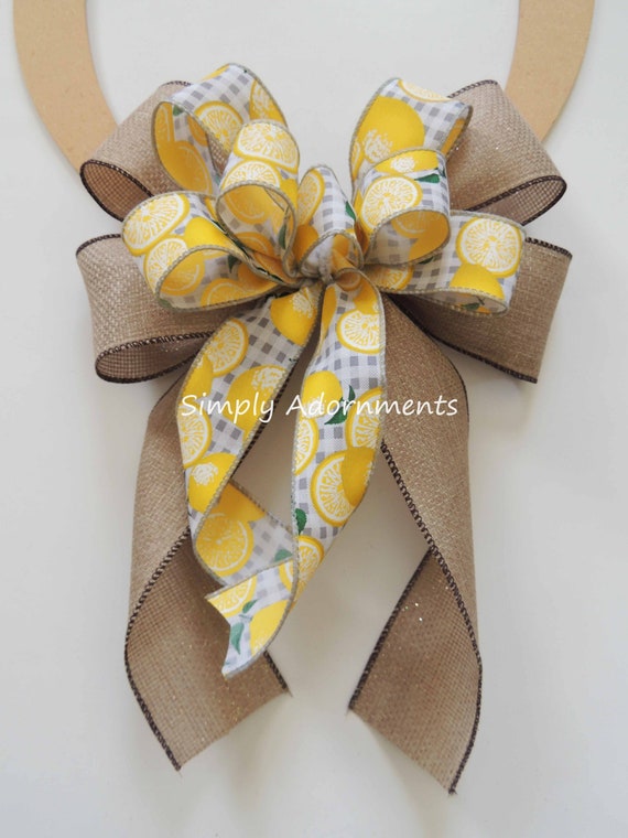 Gingham Yellow Lemon Bow, Gingham Lemon Wreath Bow, Yellow Lemon Summer Bow, Burlap Lemon check bow, lemon lantern Bow, Lemon sign door bow