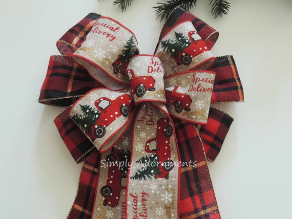 Farmhouse Christmas Wreath Bows, Rustic Red Truck Farmhouse Christmas Wreath Bows Red Truck Farmhouse Christmas Tree Bow Lantern Bow