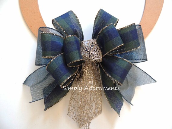 Navy Green Plaid Bow, Navy Plaid Check Tree Bow, Green Navy Wreath Bow, Navy Emerald Gold Plaid door hanger bow, Navy Holiday Plaid Gift Bow