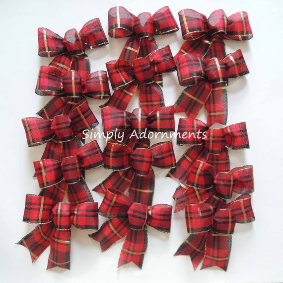 4 Mini Black Red Plaid Check Christmas Bows, Red Black Christmas Bows, Ornament Christmas tree Bows, Christmas Gift Bows, Mini Bows