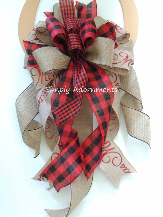 Red Black Check Christmas Bow, Farmhouse Christmas wreath Bow, Red black Christmas tree Bow, Farmhouse Christmas Tree Topper, Xmas gift bow