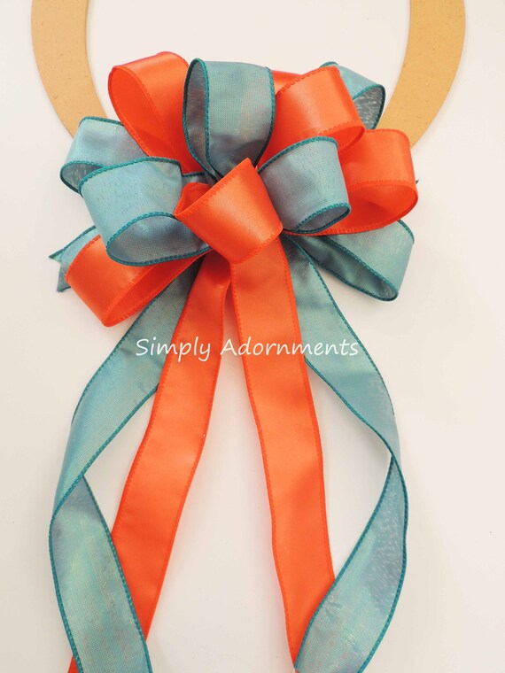 Teal Orange Bow, Teal Orange Wreath Bow, Teal Orange Wedding Bow, Teal and Orange Door Bow, Wedding Sign bow, Door sign Bow, Lantern bow