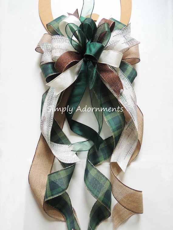 Hunter Green Farmhouse Christmas Bow, Rustic Plaid  green Christmas Bow, Green Christmas Tree Bow, Emerald Green Christmas tree Topper bow