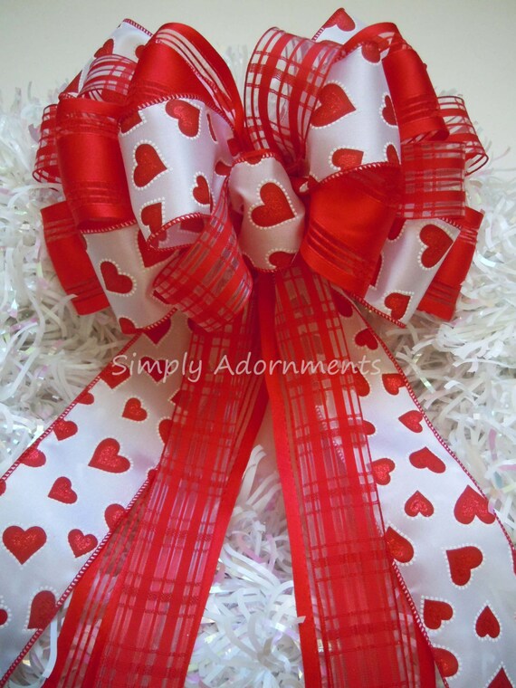 Red Valentine Bow, Valentine Tree Topper Bow, Red heart Bow, Valentine Red Heart bow, Valentine Wreath bow, Valentine gift bow, door bow