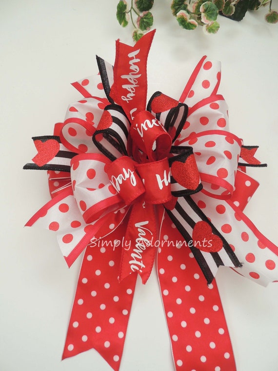 Red hearts Black Stripes Bow, Valentine Wreath Bow, Valentine Tree Bow, Valentine Gift bow, Red Hearts Gift bow, Valentine home decoration