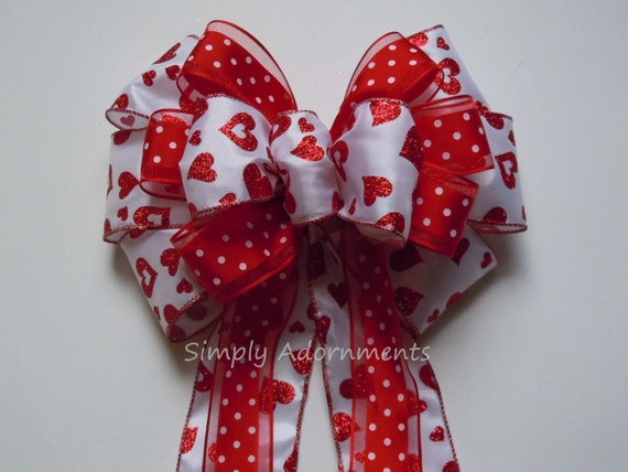 Valentine Christmas Tree Bow Glitter Red Heart Valentine Bow Red Valentine Heart Wreath Bow Red Valentine Wedding Pew Bow Valentine Gift Bow Il_570xn