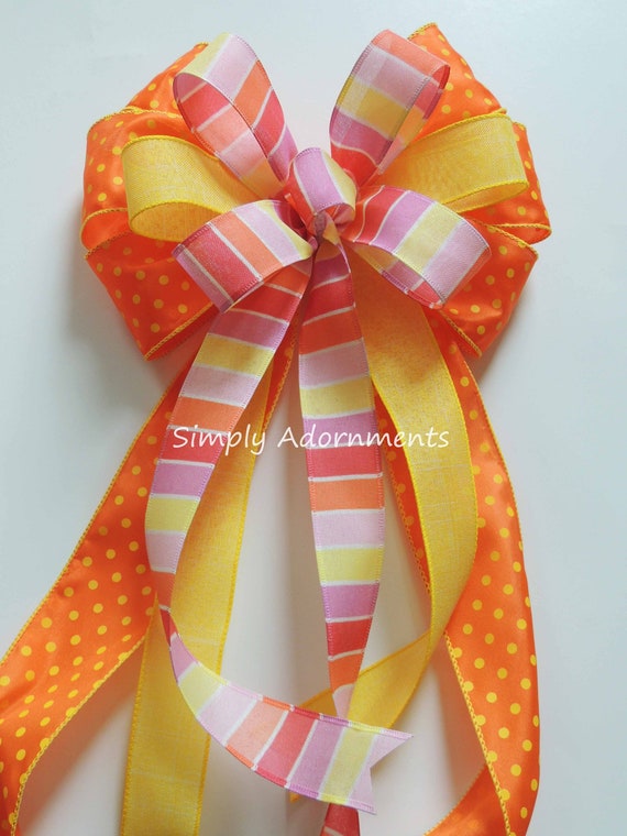 Yellow Orange Bow, Orange summer Plaid Bow, Yellow Orange Wreath bow, Yellow Dots Birthday Party Decor, Orange Plaid lantern Bow, Gift Bow