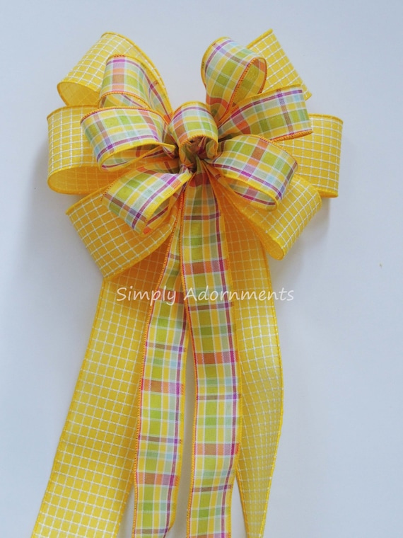 Yellow Spring Plaid Bow, Yellow Spring Plaid Bow, Spring Plaid Wreath Bow, Yellow door bow, Yellow Birthday Party Decor Bow, Yellow Gift bow