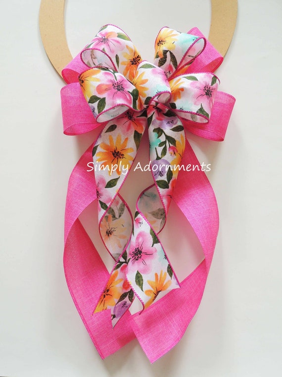 Spring Flower Bow, floral door bow, Pink Spring wreath Bow, Hot Pink flower summer bow, Lantern flower Bow, flower bow, Birthday gift bow Il_570xn
