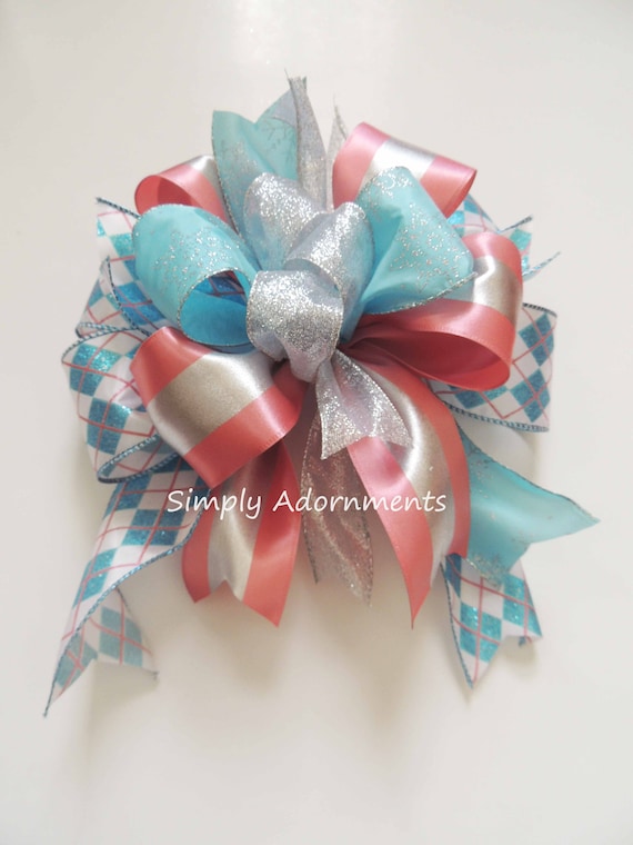 Silver Blue Pink Christmas Tree Topper Bow, Whimsical Silver Blue Pink Christmas Wreath Bows, Sparkle Rose Gold Christmas Lantern Bow