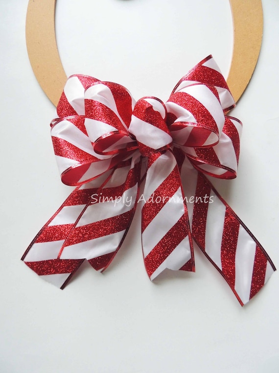Traditional Candy Cane Christmas Bow, Wreath Decor, Red white Diagonal striped bow, Tree topper, Xmas gift bow