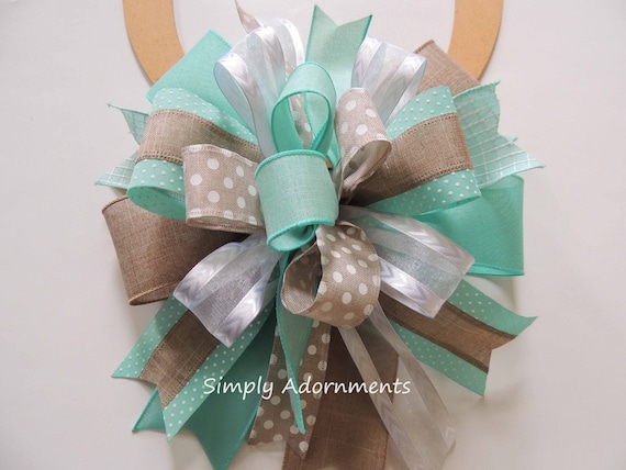 Green Tan baby shower Bow, Aqua Green tan lantern Bow, Farmhouse Baby shower Decor, Mint Birthday Gift Bow, Mint Green Tan baby sign bow