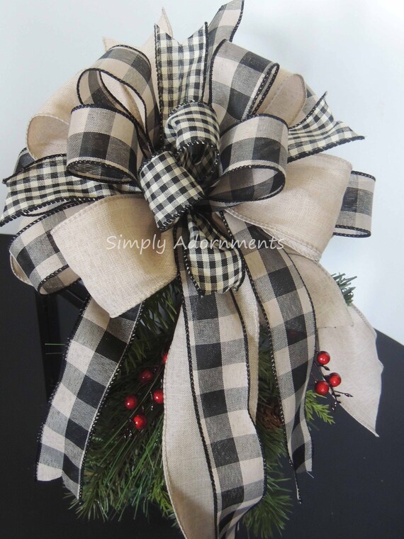 Farmhouse Christmas Wreath Bows Christmas Farmhouse tree Bows Rustic Christmas Tree Topper Bow Tan Black Buffalo Check farmhouse lantern bow