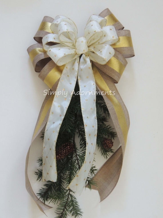 Gold tan Christmas Wreath Bow, Ivory Gold tan Burlap Lantern Bow, Metallic Gold Tan Christmas Tree Topper Bows, Ivory tan Christmas door Bow