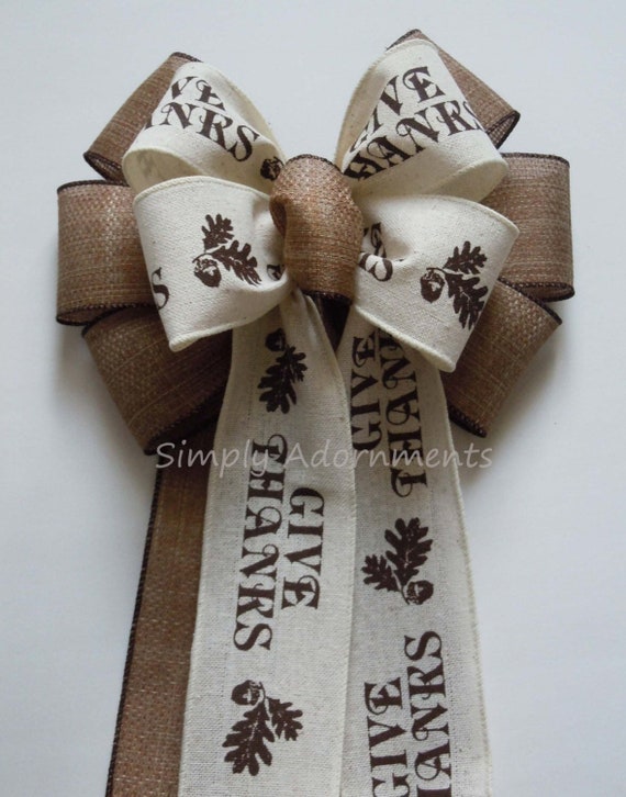 Fall Leaves Burlap Bow, Give Thanks Scripts Bow, Fall Acorn Oak Leaf Bow, Farmhouse burlap Fall bow, Thanksgiving Wreath bow, Fall Door Bow