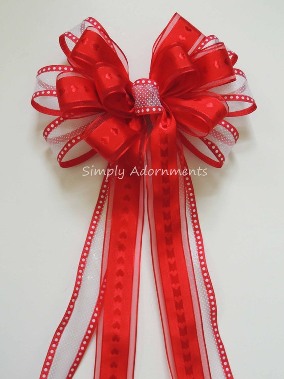Red Heart Valentine bow, Valentine Wreath Bow, Valentine Wedding Pew Bow, Valentine Door bow, Valentine Party Decor, Valentine Gift bow