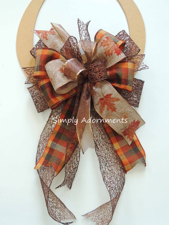 Funky Fall Plaid Bow, Fall Lantern Bow, Thanksgiving Wreath Bow, Maple Leaves Wedding Pew Bow, Brown Bronze Fall Plaid Bow, Fall Door Bow