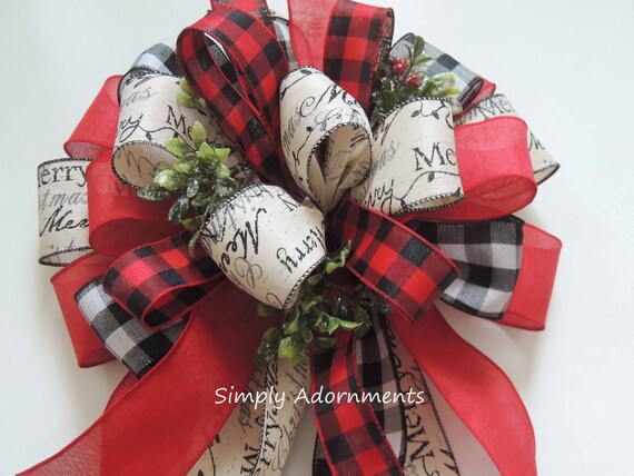 14" Red Black Buffalo Check Christmas Bow Farmhouse Tree Topper Bow Red Black Farmhouse Christmas Wreath bow, farmhouse Christmas Tree bow Il_570xn