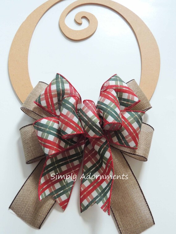 Red Green Argyle Plaid Burlap Bow, Christmas Argyle Plaid Wreath Bow, Christmas Sign bow, Traditional Christmas Plaid Bow Christmas Door bow