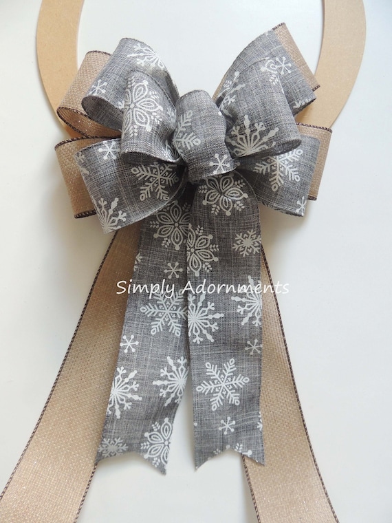 Winter Farmhouse Bow, Grey Snowflake Farm Wreath Bow, Sparkle Burlap Gray Door bow, Farmhouse Sign Bow, Grey Burlap Farmhouse Lantern bow