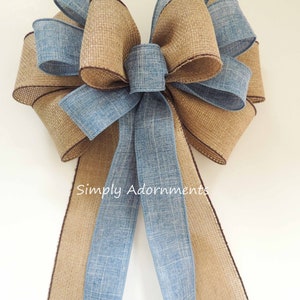 Blue Denim Burlap Ribbon Bow, Farmhouse beige Blue Wreath Bow, Rustic blue Denim Burlap door Bow, Denim blue door Bow, Farmhouse Lantern Bow Ligh Blue Denim