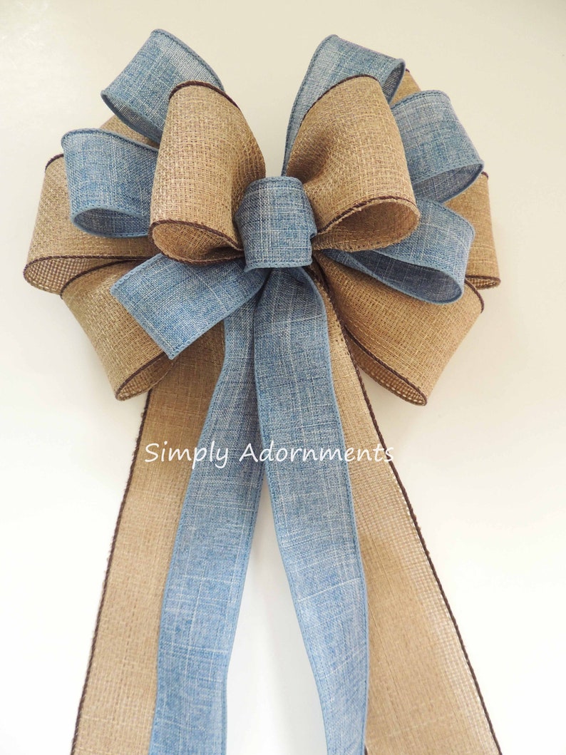 Blue Denim Burlap Ribbon Bow, Farmhouse beige Blue Wreath Bow, Rustic blue Denim Burlap door Bow, Denim blue door Bow, Farmhouse Lantern Bow Ligh Blue Denim