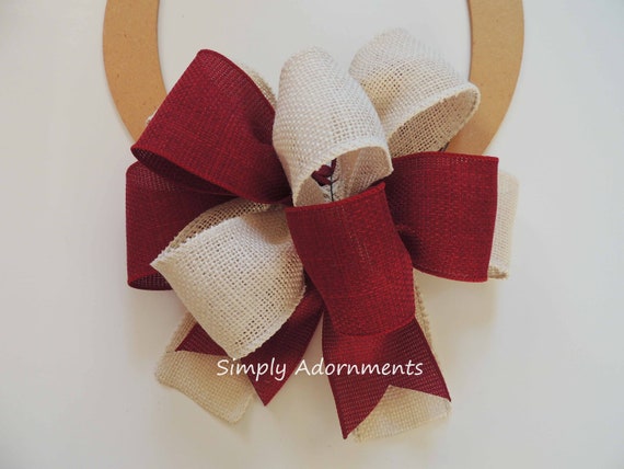 Ivory burgundy burlap bow, Farmhouse burlap Bow, burlap wreath bow, Ivory Burgundy burlap door bow, rustic burgundy Burlap sign Bow