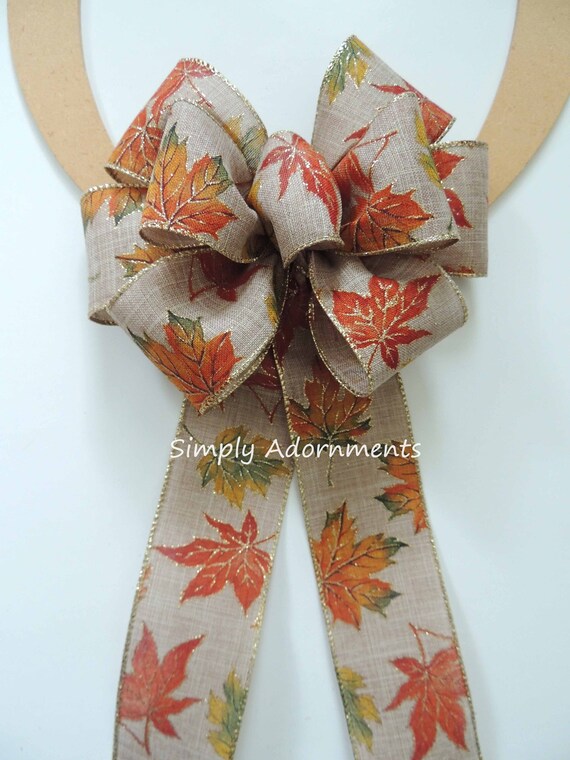 Fall Wreath Bow,  Fall Leaves wreath bow, Fall door bow, Orange green tan Fall bow for wreath, Fall lantern Bow, Fall wreath Embellishment