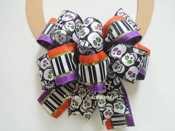 Purple orange Day of the Dead Wreath Bow Skull Door bow Skull lantern sign bow, Door Bow Day of the Dead Party Bow Decor Il_570xn