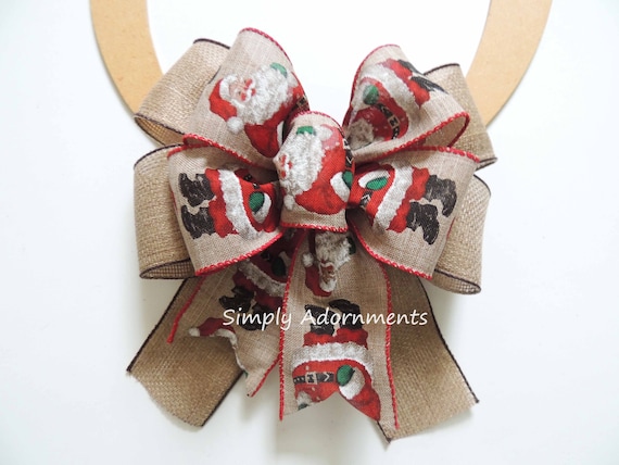 Primitive Santa Claus Burlap Bow, Vintage Christmas Wreath Bow, Sign bow, Santa Claus Door Bow, Santa Claus Gift Bow, Christmas Lantern bow